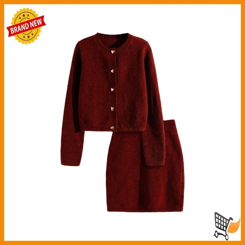 Soft Knit Cardigan & Skirt Set, Long Sleeve Crew Neck, Winter Formal Outfit